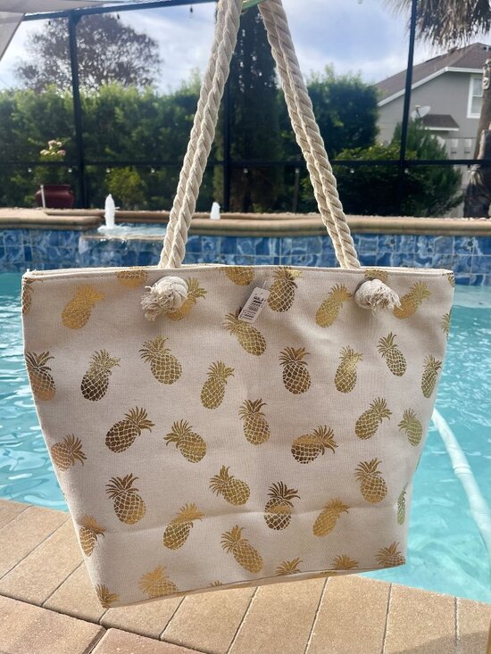 Kendall & James Handbags - Kendall & James Pineapple Beach Tote NWT Gold Foil Canvas Bag
